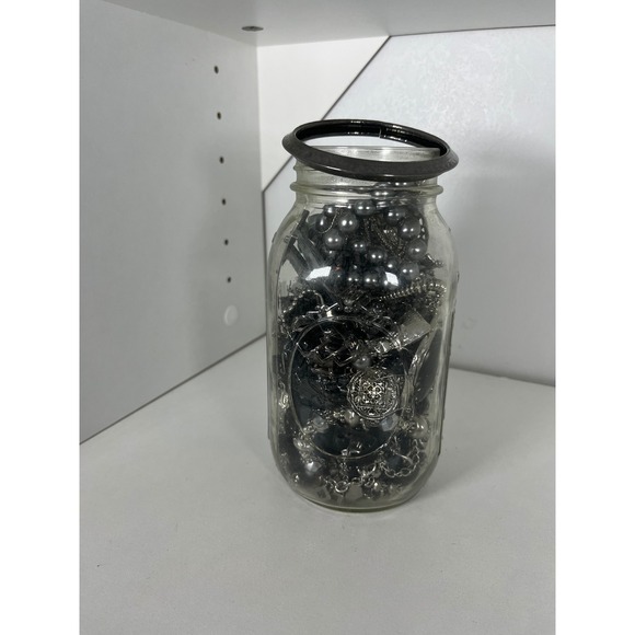 Black and Silver Tone Mixed Costume Jewelry Lot in Mason Jar Assorted Bundle - Picture 4 of 8